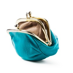 Blue coin purse isolated on white background. Open empty female wallet. Saving money concept. Object with clipping path