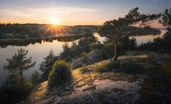 Beautiful sunset rays of sun with clean nordic nature, pine tree on rocks in North Europe, Baltic sea, gulf of Finland
