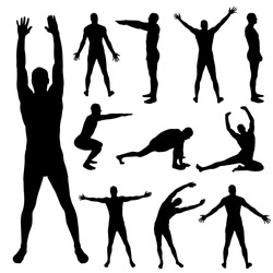 Vector silhouette of a man who is stretching on a white background.