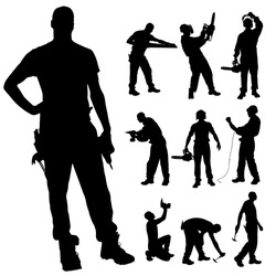 Vector silhouette of a man working with tools on a white background.