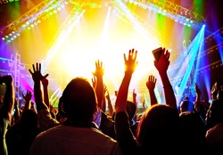 Rock concert, happy people silhouettes, raise up hands, disco party with large group of dancing man, bright colorful stage lights, active lifestyle, music entertainment, nightclub, night life concept