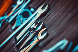 Closeup photo of a set of tools for repair, collection of a different spanners, good tooling for the handyman, best gift for men's day