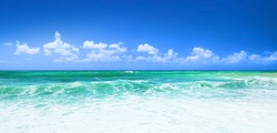 Beautiful blue beach panoramic sea view, with clean water & blue sky