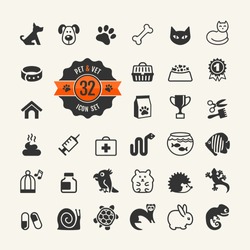 Web icon set - pet, vet, pet shop, types of pets.