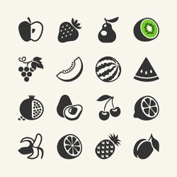 Set of black simple icons - fruits and berries