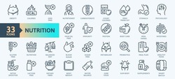 Web Set of Nutrition, Healthy food and Detox Diet Vector Thin Line Icons. Contains such Icons as Obesity, Caunt Calories, Palm oil free, Probiotics and more. Outline icons collection. Simple vector il