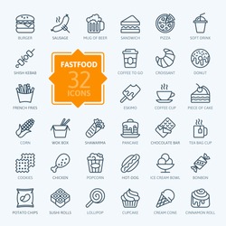 Fastfood - outline web icon set, vector, thin line icons collection