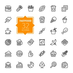 Fastfood, Food court - outline web icon set, vector, thin line icons collection