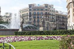 Beautiful fountain at Plaza Catalunya or Catalonia Square in Barcelona