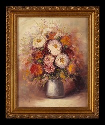Framed still life impasto oil painting depicting multi colored dahlia flower heads in a gray vase. Beautiful vintage floral painting.