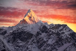 Greatness of nature. Ama Dablam peak (6856 m) at sunset. Nepal, Himalayas.    
Canon 5D Mk II.