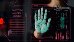 Biometric hand scanner denied hacker access check person identity closeup. Biometrical modern sensor preventing cyberattack verifying fingerprints. Digital future security concept. Verification error