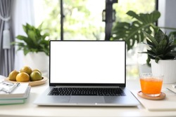 Laptop and oranges and orange juice and plant pot on white table