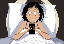 Teenage girl addicted to internet in bed late at night checking her smartphone, EPS 8 vector illustration