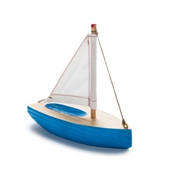 Blue toy sailboat, isolated on white.