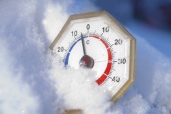 below zero on the old analogue thermometer, close up shot, concept of a cold weather