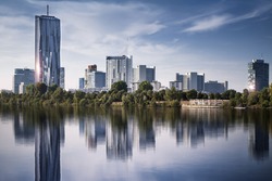 View of Vienna financial district cityscape with Danube river