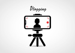 Person recording vlog using mobile with tripod. Vlogging concept vector design.