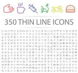 Set of 350 Minimal Modern Thin Stroke Black Icons (Multimedia, Business, Ecology, Education, Family, Medical, Fitness, Shopping, Construction, Travel, Hotel ) on White Background.