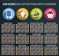 Set of 600 Universal and Standard White Icons on Flat Circular Colored Buttons with Shadows on Black Background ( isolated elements )