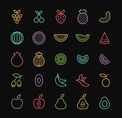 Set of Elegant Universal Minimal Thin Line Colored Neon Stroke fruits Icons on Black Background.