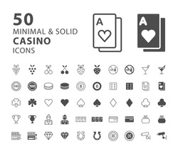 Set of 50 Minimal and Solid Casino Icons on White Background . Vector Isolated Elements