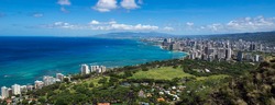 The coastline of Waikiki Beach leading into Waikiki and Honolulu in Hawaii