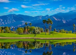 Palm Springs, a city in the Sonoran Desert of southern California, is known for its hot springs, stylish hotels, golf courses and spas. Palm trees and green belts create beauty and a dramatic view.