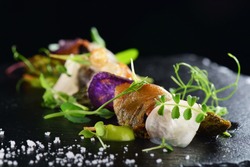 Haute cuisine, Gourmet food scallops with asparagus and lardo bacon