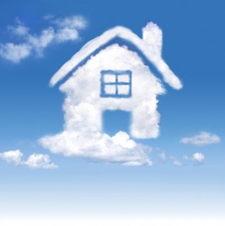 House of clouds in the blue sky on gradient-white background