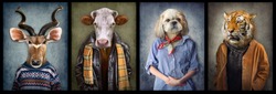 Animals in clothes. People with heads of animals. Concept graphic, photo manipulation for cover, advertising, prints on clothing and other. Antelope, cow, dog, tiger.