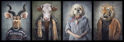 Animals in clothes on vintage style. People with heads of animals. Concept graphic, photo manipulation for cover, advertising, prints on clothing and other. Antelope, cow, dog, tiger.