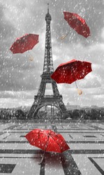 Eiffel tower with flying umbrellas. Black and white with red element