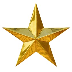  Golden Christmas Star isolated on white Background. Top View Close-Up Gold Star render (isolated on white and clipping path)                              
