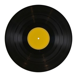 gramophone record Long played record  vinyl Carbide vintage analog music recording 12 inch 33 rpm yellow label  isolated over white background. This has clipping path.