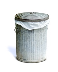 Closed trashcan with plastic bag inside , top standing besides, isolated on white background. This has clipping path.                              