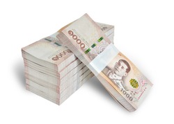 Stacks New Thailand money bank note value 1000 baht isolated on white background. This has clipping path.