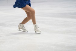 Ice Skating shoes white color on freeze ice  skate field                                     