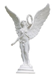 White statue of an angel with open wings flank isolated on a white background the front view. This has clipping path.                              