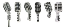 Vintage mic microphone metal classic design colection set isolated on white background. This has clipping path.