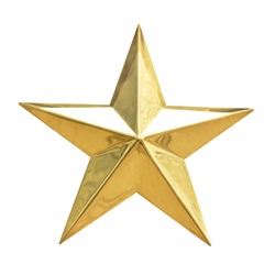 Golden Christmas Star isolated on white Background. Top View Close-Up Gold Star render (isolated on white and clipping path)