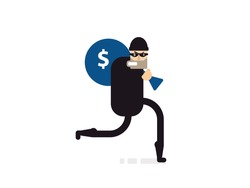 Stock Vector isolated illustration thief with bag of money, in dark suit, stole, robber runs, on white background,  in black mask, criminal in flat style