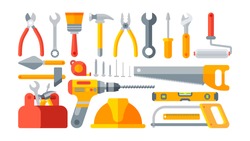 Stock vector illustration set isolated icons building tools repair, construction buildings, drill, hammer, screwdriver, saw, file, putty knife, ruler, helmet, roller, brush, tool box, kit flat style