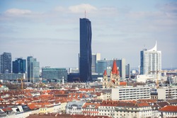 View of Vienna financial district with tall buildings and business centre, Vienna, Austria
