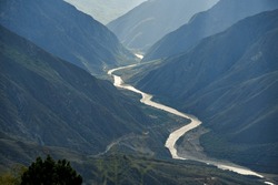 Chicamocha river flows through a canyon, mountainous Andean scenery in Santander, Colombia