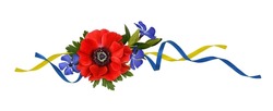 Bouquet of flowers in red, yellow and blue colors with silk ribbons isolated on white background. Concept of Ukraine. Colors of national flag. 