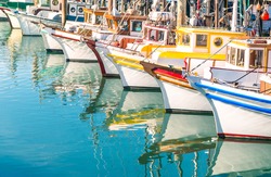 Colorful sailing boats at Fishermans Wharf marina pier in San Francisco Bay in California - Travel concept with wonderful destination in United States of America