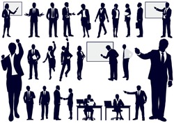 Set of business people in action silhouettes, vector illustration. 