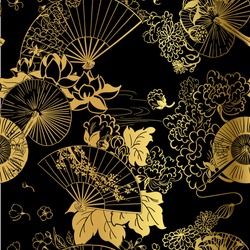 fan flower unbrella vector japanese chinese seamless pattern design gold black