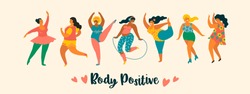Body positive. Happy plus size girls and active lifestyle. Vector illustration.